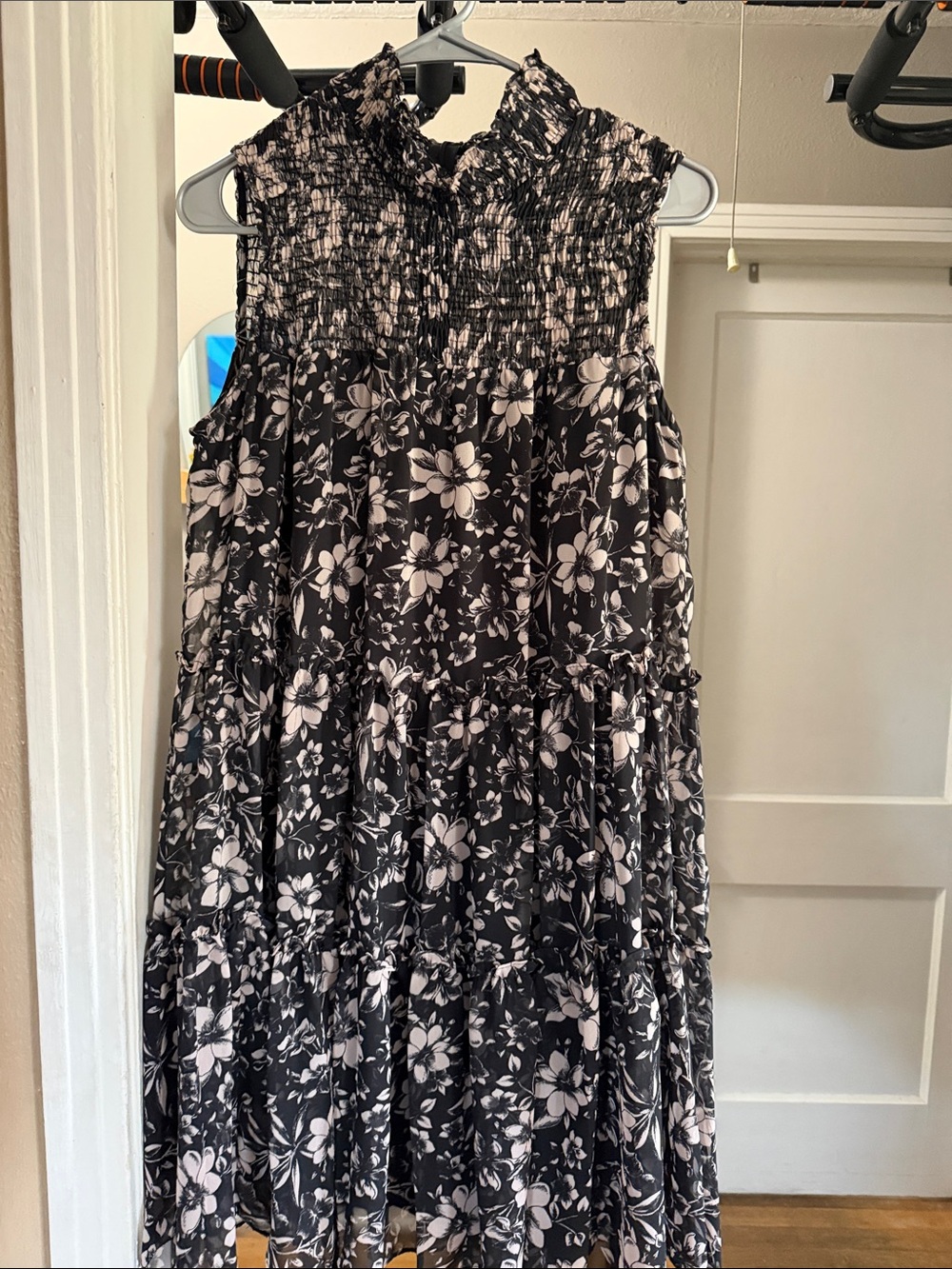 Taylor Black and White Floral Smocked Midi Dress